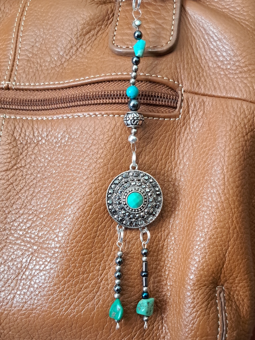 Hand Crafted Green Turquoise Charm Gun Metal Beaded Purse Bag Jewelry